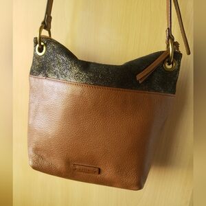 Fossil Brown and Black Leather Keely Bucket Shoulder Bag